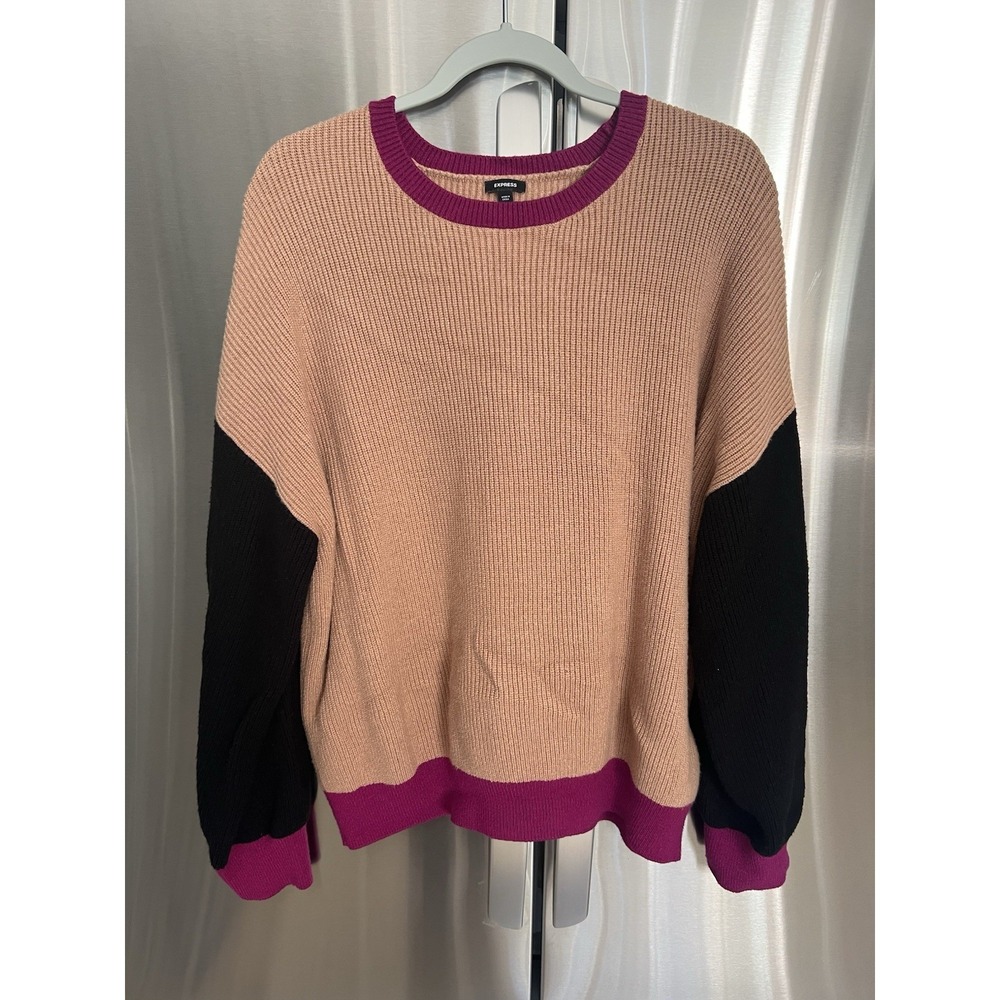 Express Women's Sweater XL Colorblock Pink Black Crewneck Knit Pullover